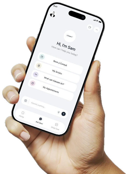 Hand holding a phone showing the asksam app home screen